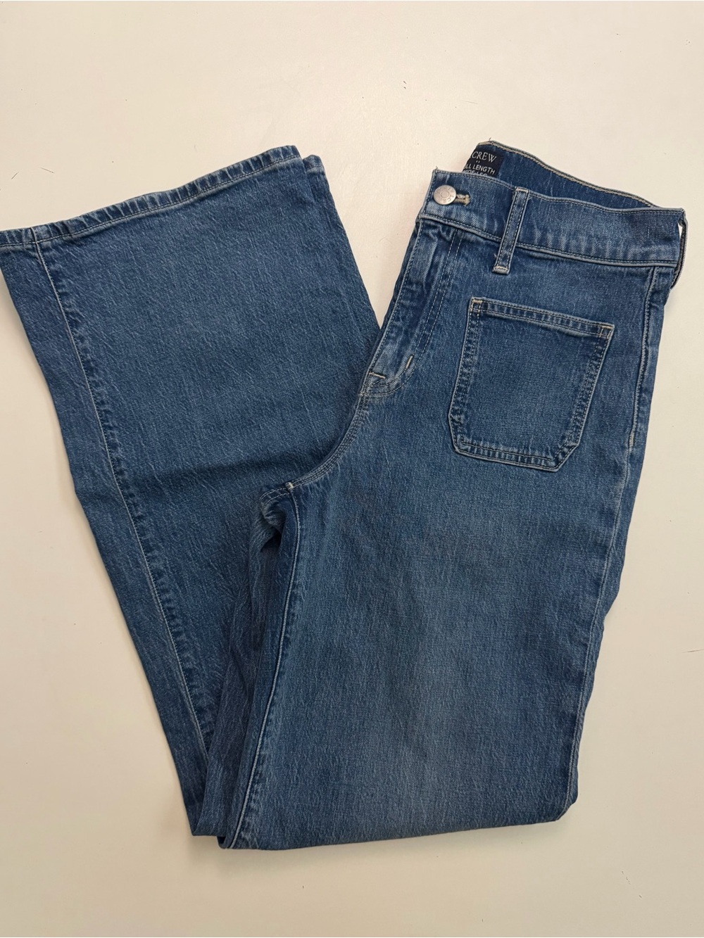 J Crew Denim Jeans Wide Leg Patch Pockets Full Length Medium Wash Blue